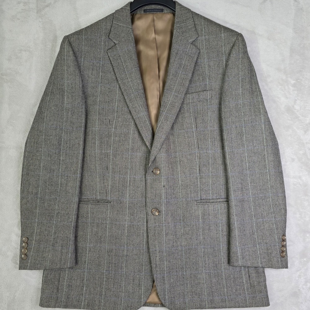 Chaps 44L 100% Lambswool Blazer Gray Houndstooth Blue Windowpane 2 Button‎